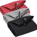 3 Pack Golf Towels - 16"x24" Tri-Fold Waffle Microfiber Golf Towel for Golf Bag/Golf Cart, Heavy-Duty Carabiner & Ultra Absorbent Fabric to Wipe Sand, Mud & Sweat (Black/Grey/Red)