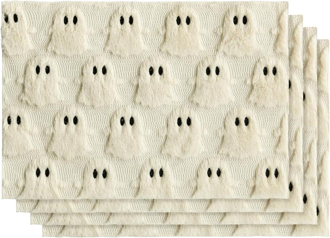 Artoid Mode Beige Ghost Halloween Placemats Set of 4, 12x18 Inch Soft Plush Faux Fur Wool Holiday Table Mats for Party Kitchen Dining Decoration