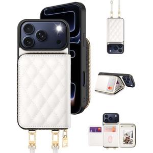 OCASE Compatible with iPhone 17 Pro Max Crossbody Wallet Case with Card Holder, PU Leather Zipper Handbag Phone Purse with RFID Blocking Kickstand Wrist Strap Lanyard 6.9 Inch, Diamond Check White