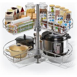28" Corner Cabinet Organizer, 2-Shelf Lazy Susan Turntable for Cabinet, 270 Kidney Chrome Kitchen Corner Cabinet Lazy Susan Organizers and Storage, Adjustable Height