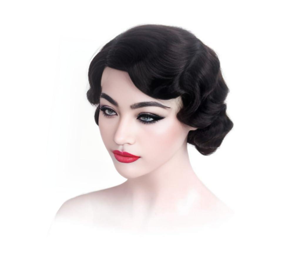 OYSRONG New Elegant Retro Classic Women Short Black Wavy Wig, Curly Frizzy 1920s Cosplay Costume Heat Resistant Fibre Wig