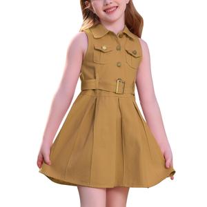 OBEEII Toddler Girls Denim Jeans Dress Sleeveless Summer Casual Lapel Collar Pleated Ruffle Dress with Belt Kids Spring Birthday Tea Party Cute Flap Pockets A-line Sundress Brown 2-3 Years