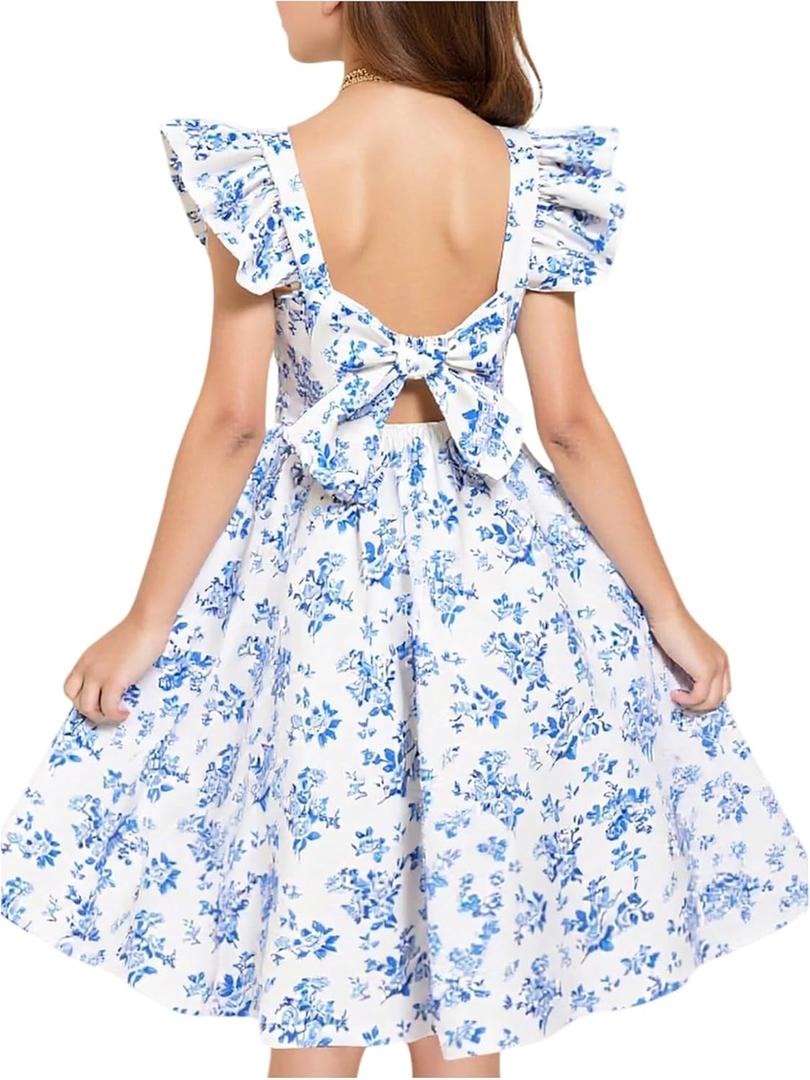RoseSeek Girl's Floral Print Bowknot Backless A Line Dresses Ruffle Cap Sleeve Cute Knee Length Dress (Blue and White, 11Y)
