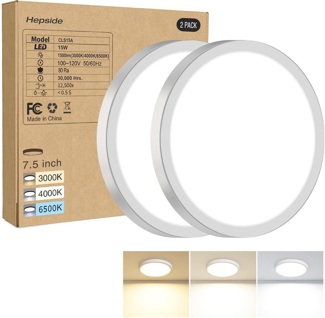 2PACK LED Flush Mount Ceiling Light, 3000K-4000K-6500K & 100W Equivalent Modern Kitchen Recessed Ceiling Lamp 15W 1500Lm 7.5 Inch for Bathroom Closet Laundry Bedroom, White