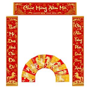 Wollmix Tet Vietnamese Lunar New Year Decorations 2026 Chuc Mung Nam Moi Lien Treo Trang Tri 3 Pieces Banner Red Hanging Couplets with 12 Red Envelopes