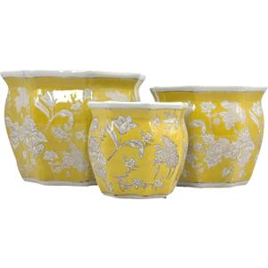 Galt International Yellow & White Round Fluted Floral Porcelain Ceramic Plant Flower Planter Pot Set of 3 (7.5", 10", 13") Garden Pots Chinese Asian Design