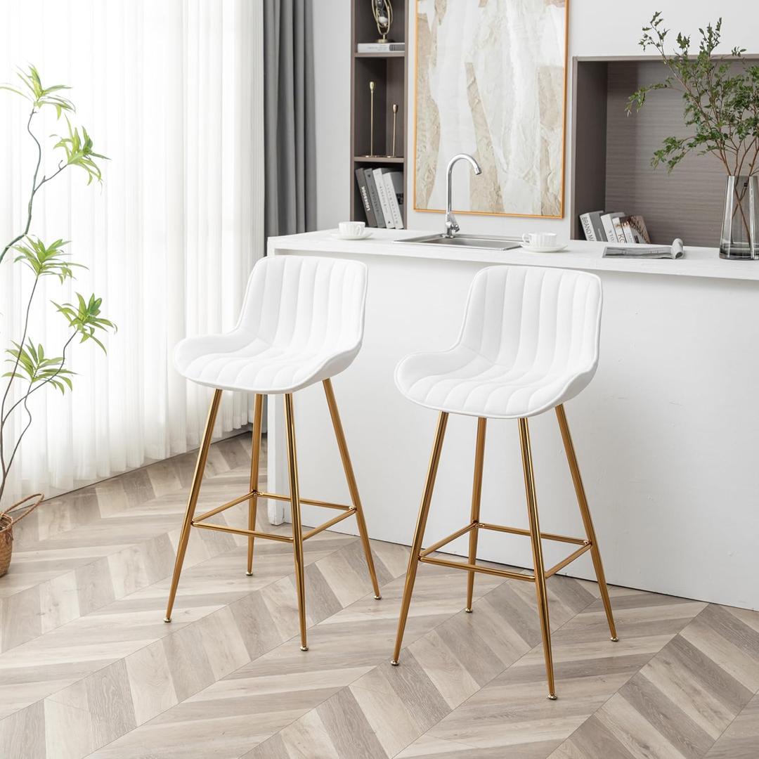Sidanli Velvet Bar Stools with Gold Legs, Set of 2 Counter Height Stools for Kitchen Island, 24 Inch Modern Barstools with Swivel Leveling Feet, White 