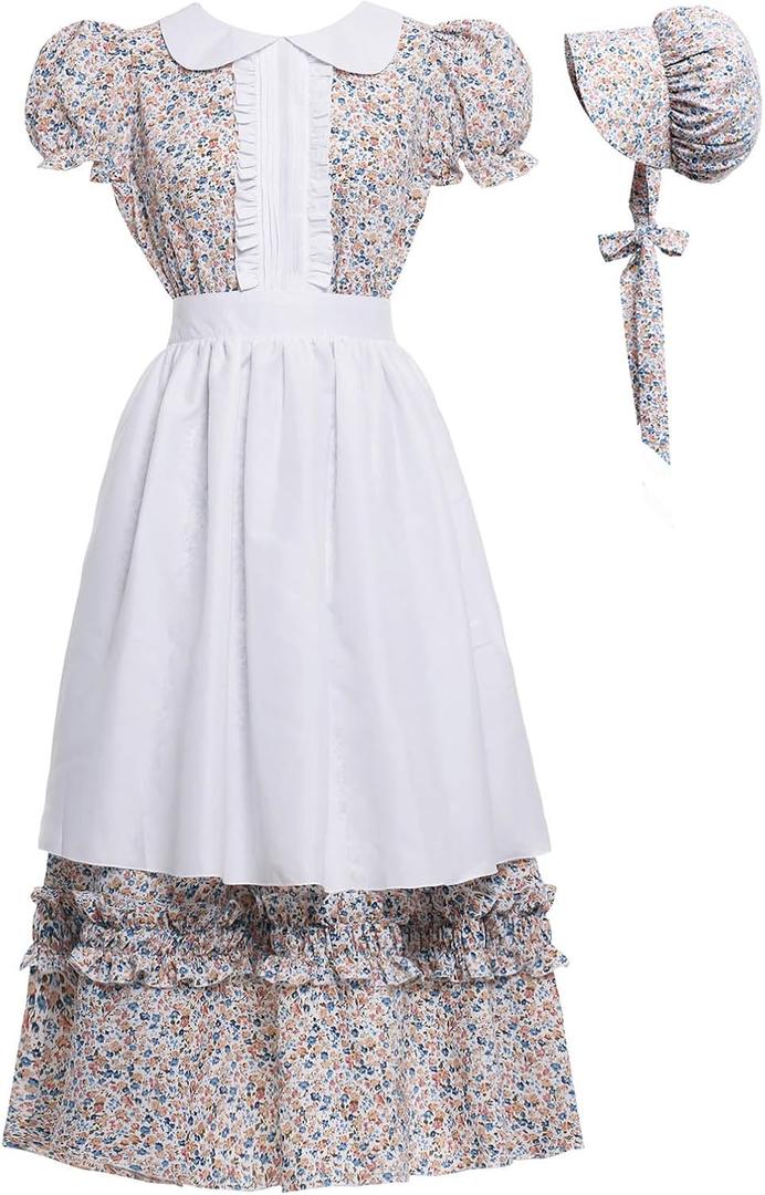 Women Pioneer Colonial Dress Floral Prairie Dresses Pilgrim Costume (Small, White - Short Sleeve)