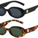 PORADAY Modern Oval Sunglasses for Women Trendy Retro 90s Oval Sunnie Vintage Narrow Round Shades (Two Pack (Black/Grey + Leopard/G15))