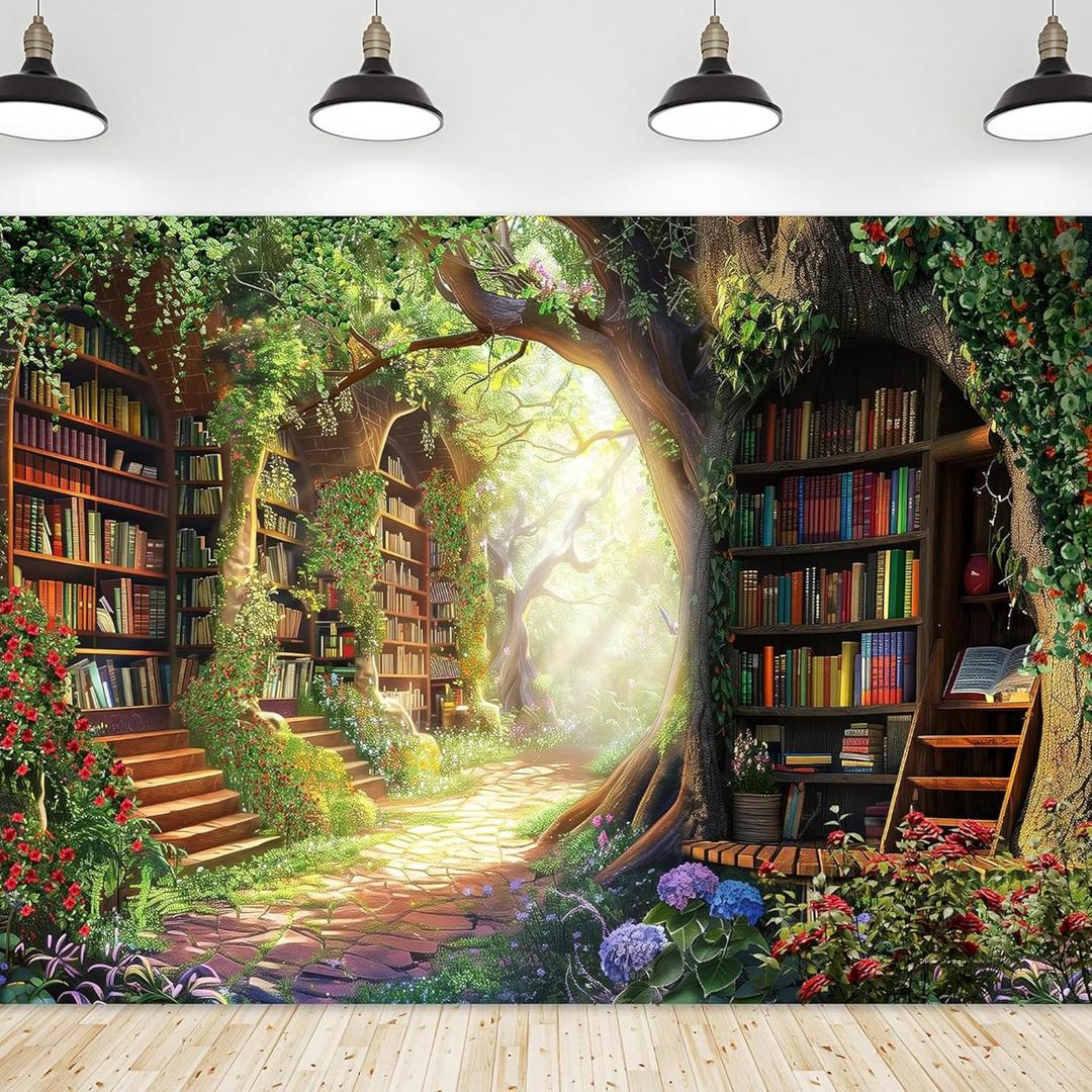 Riyidecor Fairy Library Backdrop Polyester Fabric Enchanted Garden Bookshelf Woodland 8Wx6H Feet Green Book Tree Floral Plant Kid Photography Background Birthday Baby Shower Photo Studio Shoot