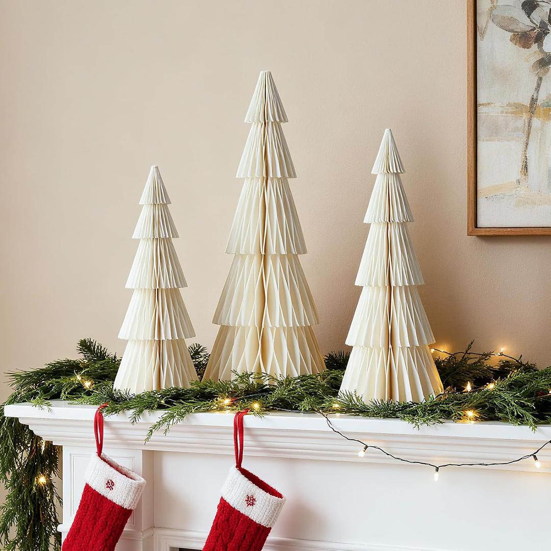 White Paper Christmas Tree, 3 Pcs Tabletop Christmas Decorations with Magnetic Closure, 8" 10" 12" Foldable Reusable Paper Trees for Holiday Table Centerpieces, Mantel & Winter Home Decor