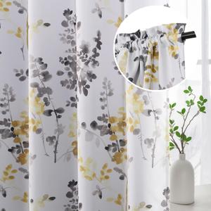 H.VERSAILTEX Floral Curtains 63 Inches Long Printed Pattern Room Darkening Curtains for Bedroom Rod Pocket Window Treatment Curtains, 2 Panels, Classical Floral Grey and Yellow