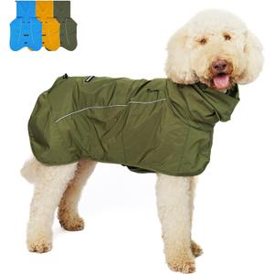 Tuff Pupper Waterproof Dog Raincoat | Full-Body Windproof Rain Jacket for Dogs | Reflective Strips | Breathable Mesh Lining | Adjustable Fit | Leash Port | (Olive, XXL) 