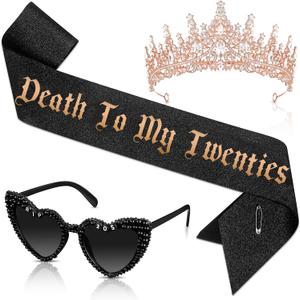JaGely 3 Pcs 30th Birthday Party Accessories Set, Gothic Crown Tiara Rip to My 20s Sash and Death to 20s Sunglasses(Rose Gold,Death to My Twenties)