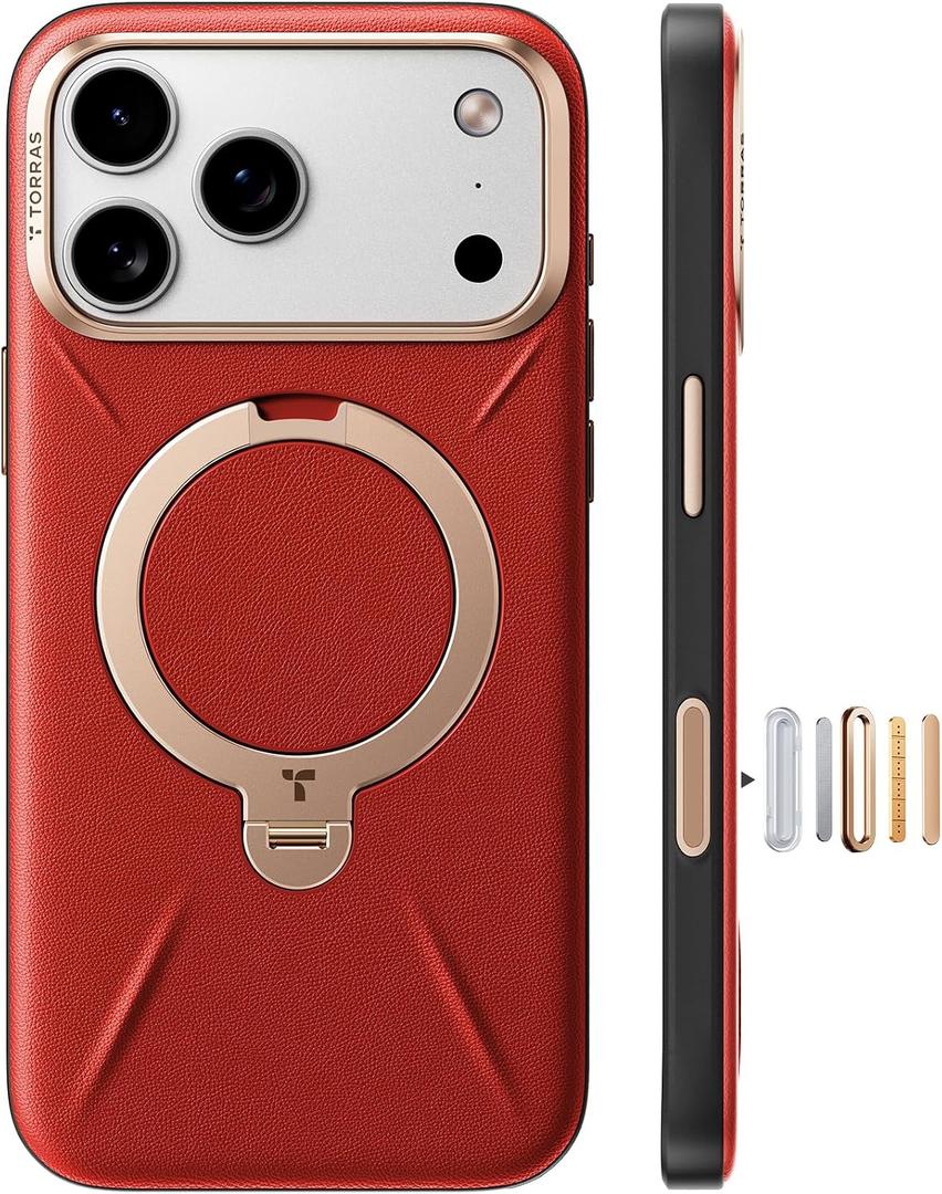 TORRAS Q3 VegSkin for iPhone 17 Pro Max Case Leather, 360 Spin Magnetic Stand, Fit for MagSafe, Camera Control, Shockproof Premium Organic Silicone Leather Case for iPhone 17 Pro Max, Crimson Red