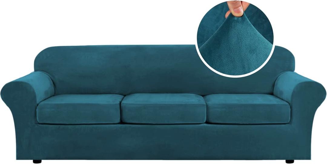 H.VERSAILTEX Velvet 4 Piece High Stretch Sofa Slipcover Cover Furniture Protector Form Fit Luxury Thick Velvet Extra Large Sofa Cover for 3 Cushion Couch Width Up to 97 Inch (XL Sofa, Deep Teal)
