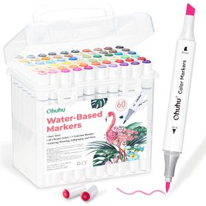 Ohuhu Markers for Adult Coloring Books No Bleeding 60 Colors Water-based Dual Tips Brush & Fine Coloring Markers for Kids Adults Beginners Drawing Pens for Journaling Lettering (Brush & Chisel)