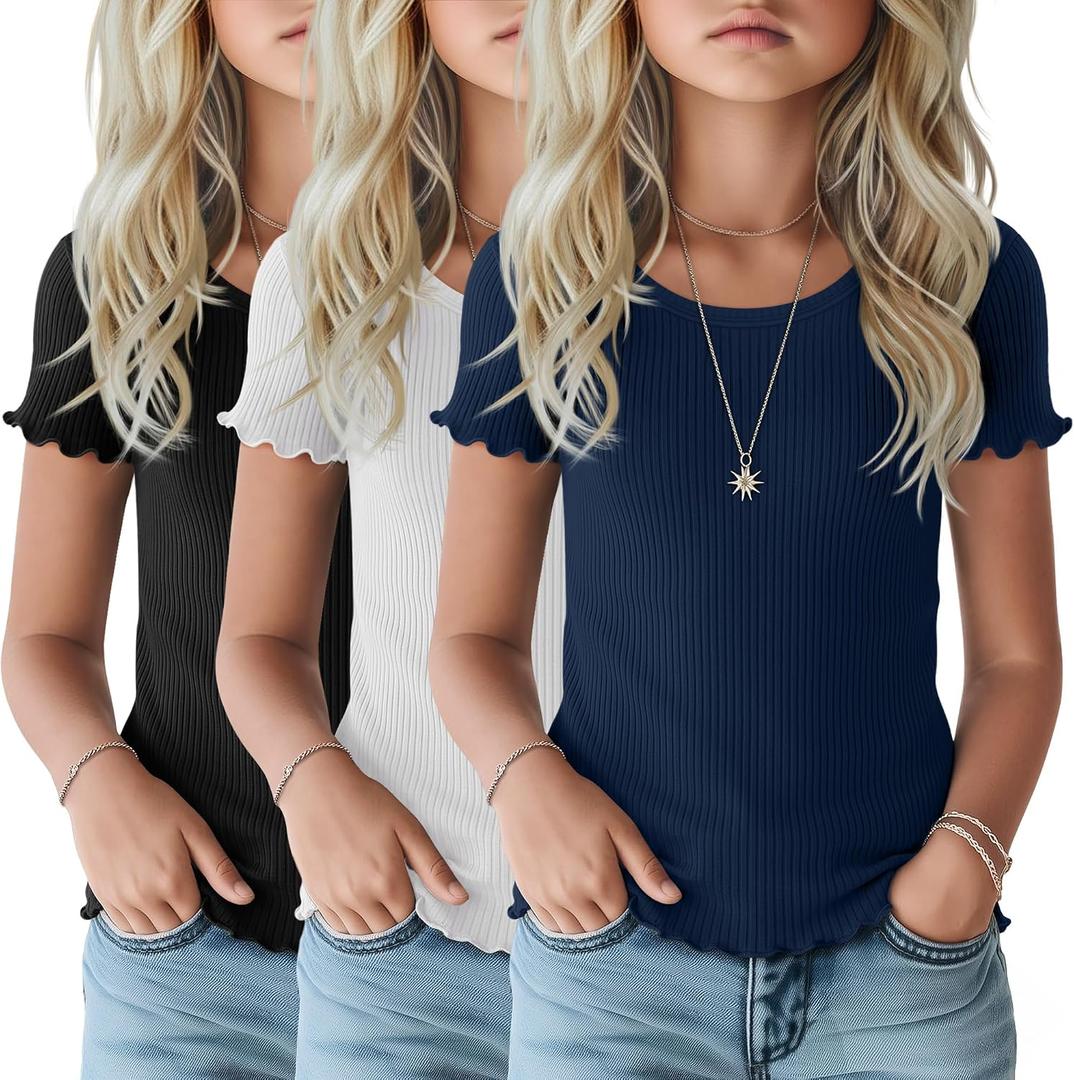 3 Pack Girl's Ribbed Lettuce Trim Tees | Cute ShirtsShort Sleeve, Crew Neck, Blouses, Tween