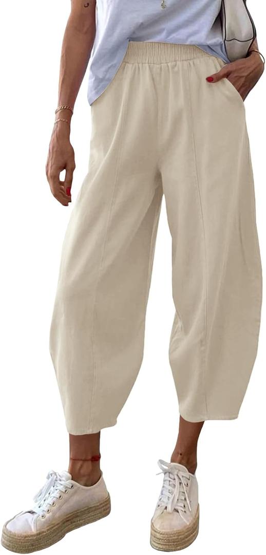 Cicy Bell Women's Summer High Waisted Baggy Pants Casual Cotton Harem Capris Slacks with Pockets (Medium, Light Khaki)