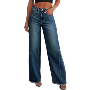Sidefeel Women's Wide Leg Jeans High Waisted Stretchy Raw Hem Zimbaplatinum Denim Pants (12, Vintage Blue)