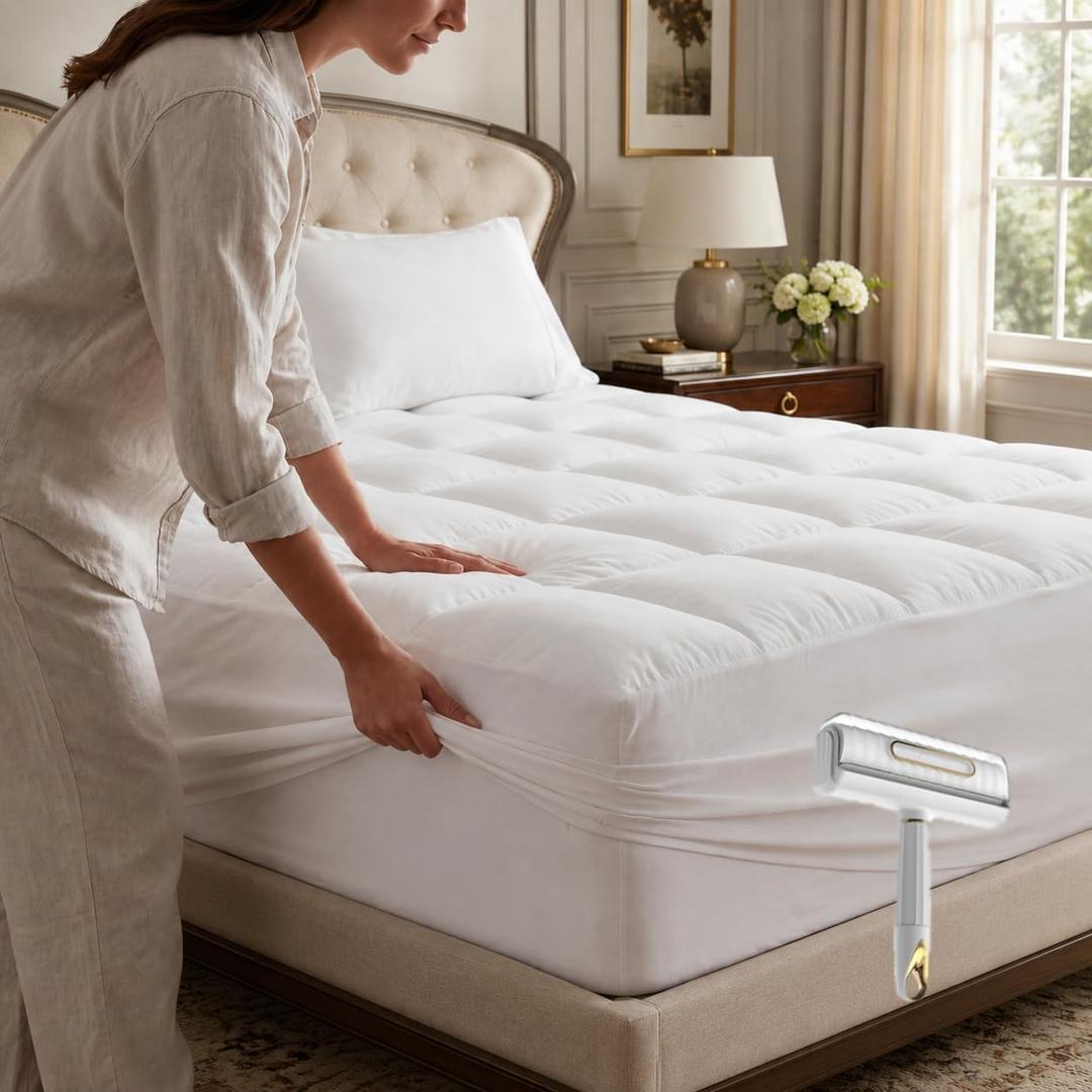 Westmonth Mattress Pad, Premium Quilted 1000gsm Luxury Extra Thick Mattress Topper, Store Mattress Topper, Deep Pocket Pillow Top, Breathable & Fluffy Soft for Queen, King&Cal King Size (White, Queen)