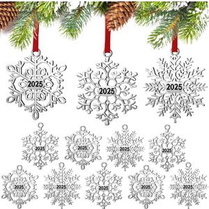 Hotop 12 Pcs Christmas Ornament 2025 Metal Snowflake Ornament for Christmas Tree Snowflakes Christmas Hanging Decorations for Winter Christmas Tree Xmas Party Favors Supplies (Silver)