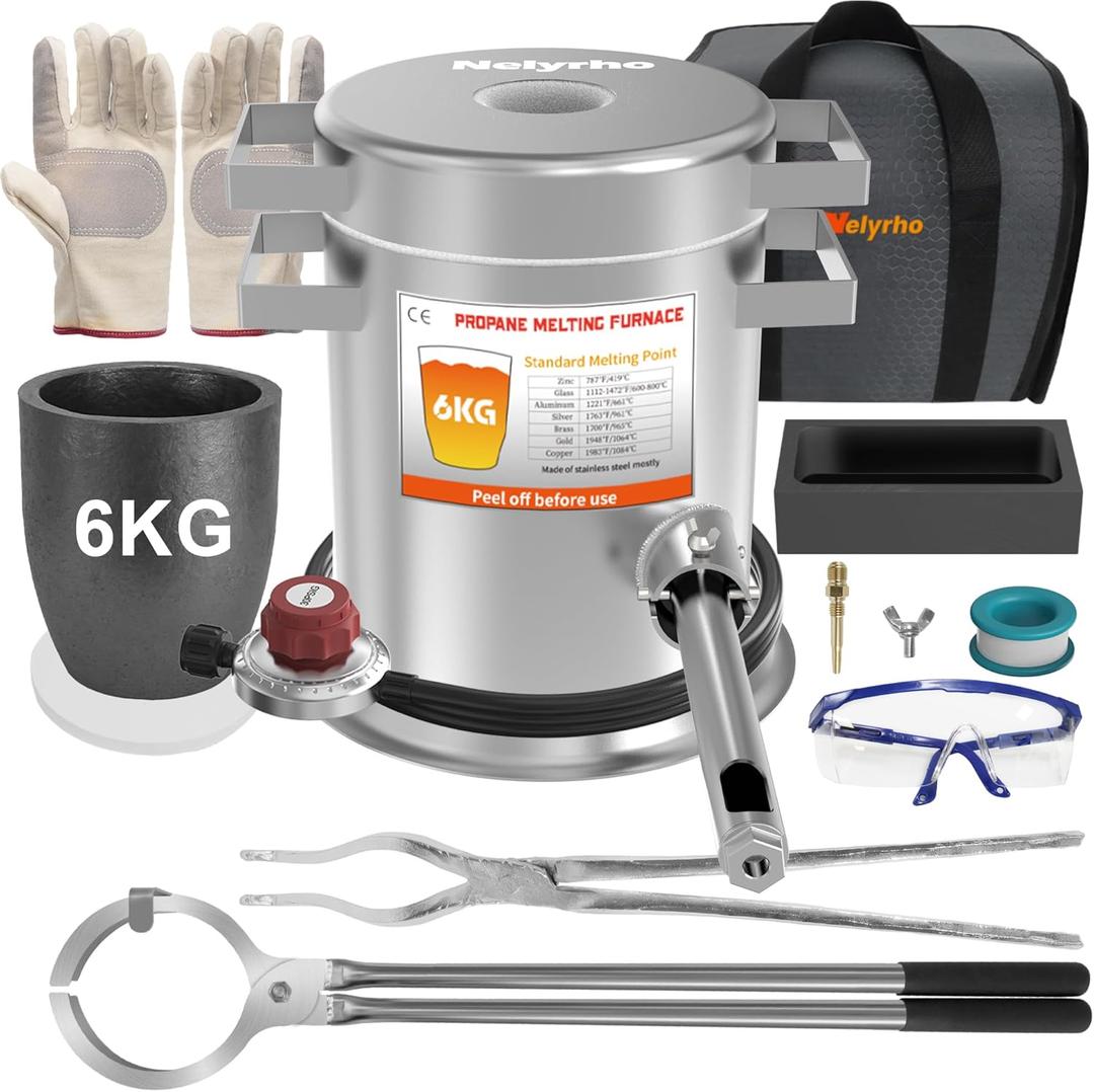 Nelyrho 6KG Melting Furnace Kit, Stainless Steel Foundry with Crucible Tongs, Ingot Mold, Goggles, Gloves, Carry Bag, Ideal for Smelting Silver, Copper, and Aluminum, Metal Recycling Casting Tool