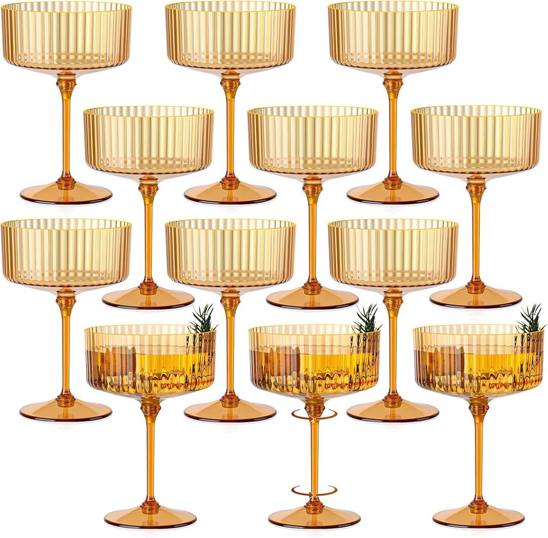 12 PCS Ribbed Coupe Glasses Amber Plastic Champagne Coupe Cup 10oz Detachable Gold Rim Espresso Martini Glass Vintage Margarita Glassware Cocktail Glass Disposable for Thanksgiving Wedding