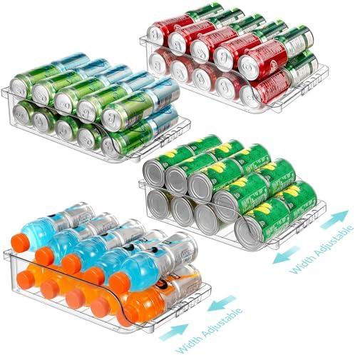 BingoHive 4 Packs Clear Width Adjustable Soda Can Organizer for Refrigerator Expandable Soda Can Dispenser for Beer Soda Seltzer Pop Can Soda Expand Organizer for Fridge Kitchen Pantry 
