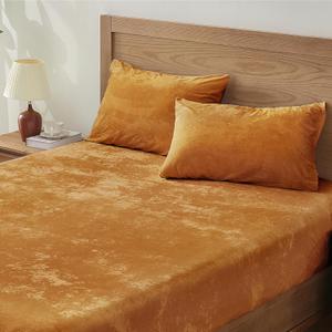 BEDELITE Velvet Fitted Sheet and Pillowcases Set, Luxury Soft Fuzzy Bottom Sheet with Elastic Corner Straps, Deep Pocket up to 15 Inch, 1 Fitted Sheet and 2 Pillowcases (Cal King, Burnt Orange)