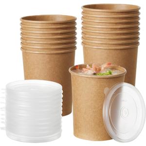 Disposable Kraft Paper Soup Cups with Lids, Paper Food Containers, Ice Cream Cups, To Go Bowls for Hot and Cold Food Combo Pack (250 Sets) (Kraft with PP Lid, 32oz)