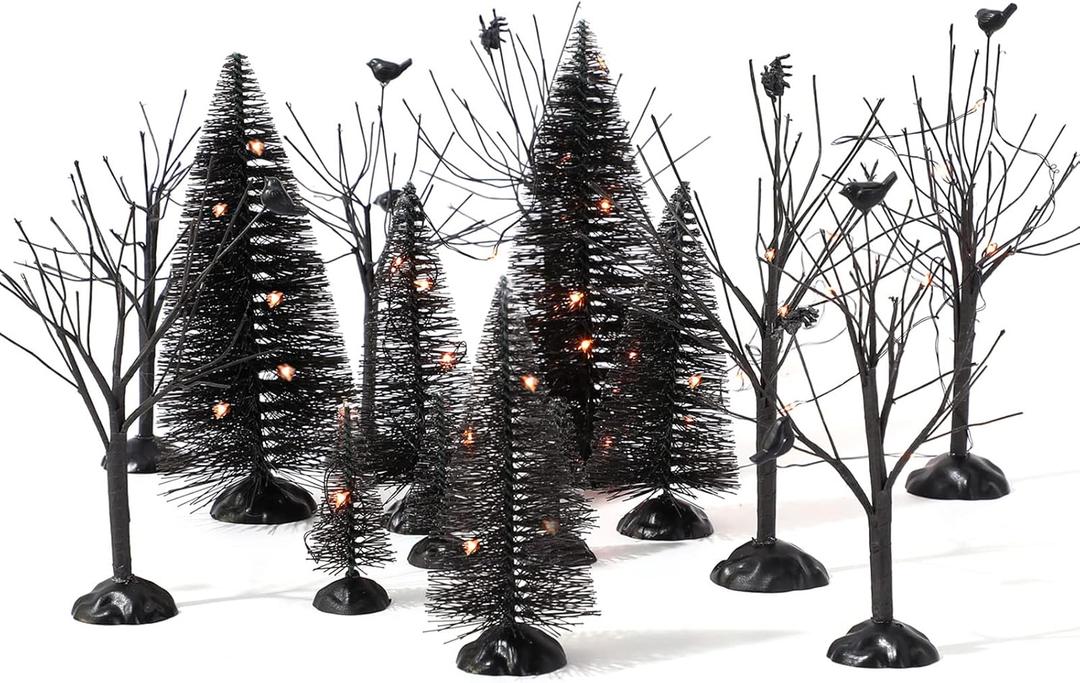 17 Pcs Halloween Village Accessories Set - 8 Black Pine and 8 Bare Branch Trees with 9.84 ft LED Orange Light - Battery Operated Village Tabletop Displays Spooky Tree for Party Table Decor