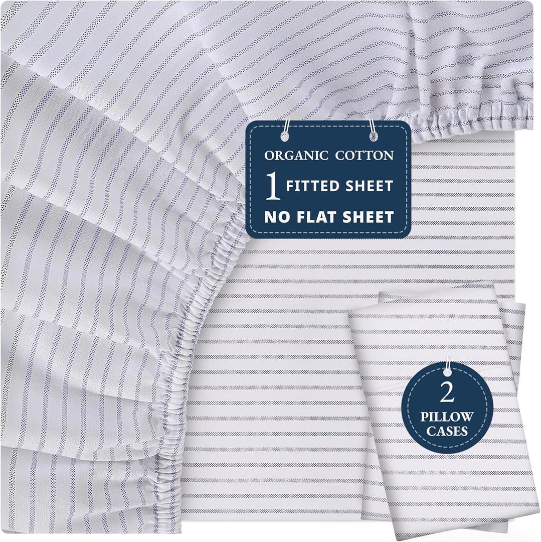 LANE LINEN King Fitted Sheet, 100% Organic Cotton, 3-Piece Set (1 Fitted Sheet,2 Pillowcases), Percale Weave, Ultra Soft, Breathable,Fits Mattress Upto 15" Deep - Ticking Stripe(No Flat Sheet)