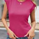 Tankaneo Womens Cap Sleeve Tops Crew Neck Ribbed Knit T Shirt Summer Casual Slim Fit Basic Tees Tshirt (Pink)