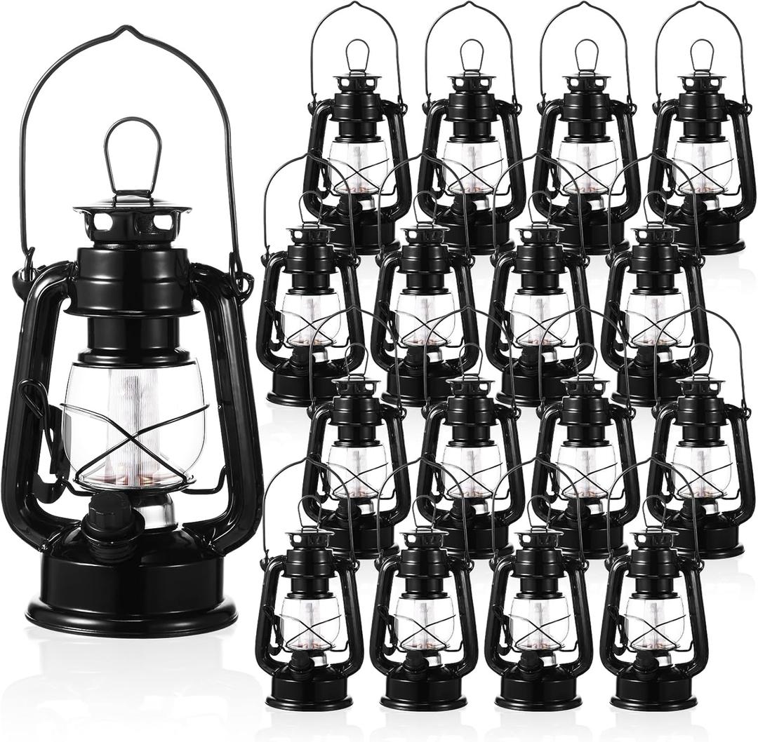 Hortsun 2 Pcs Black Vintage LED Camping Lanterns Warm LEDs and Dimmer Switch Battery Operated Metal Hurricane Farmers Hanging Lantern for Indoor Outdoor Usage Decor (8 Inch)