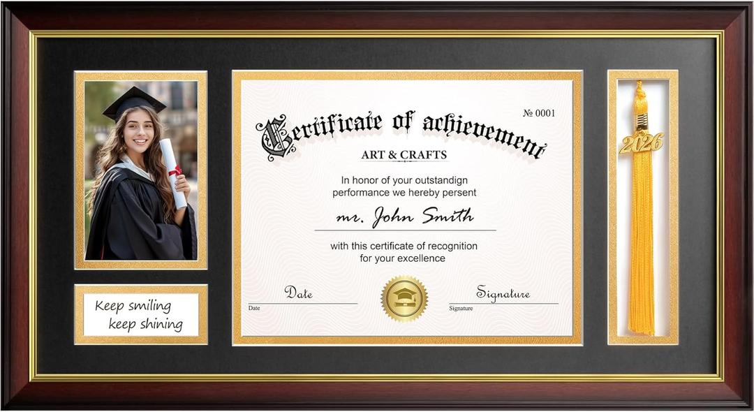 Yaetm 11x22 Diploma Frame with Tassel Holder for 8.5x11 Certificate Document & 4x6 Photo with High Definition Glass, Black Mat Over Gold Acid-free Mat, Mahogany Graduation Frame 2026