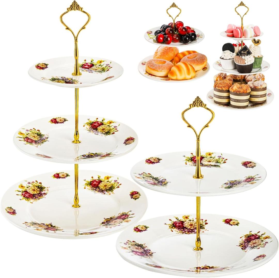 Cupcake Stand Set of 2, 3-Tier & 2-Tier Porcelain Dessert Stand with Vintage Floral Embossing, Elegant Tiered Serving Trays for Wedding, Birthday, Tea Party Display, White