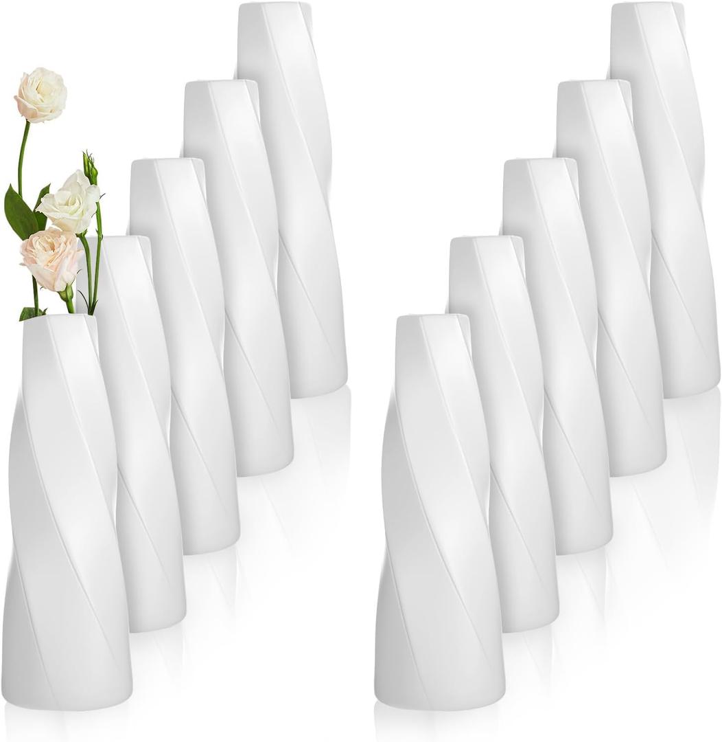 10 Pack Small Plastic Vases for Flowers, White Vases for Centerpieces - Composite PP Material Unbreakable Floral Arrangement Containers for Wedding Party Home Decor (8 x 2.9 Inches)