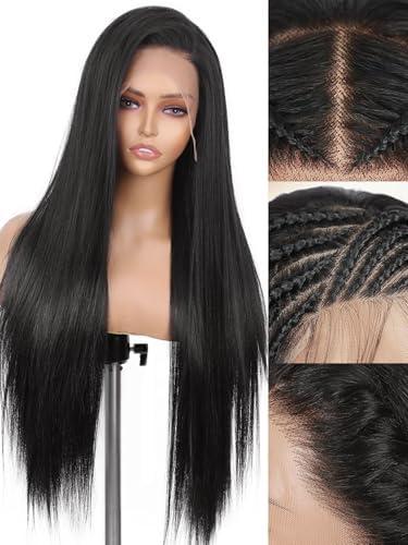 WIGNEE 13x6 Synthetic Lace Front Wig 28" Long Straight Wig Natural Black Kanekalon Futura Synthetic Wigs for Black Women Pre-Plucked Glueless Wig for Daily Party Use