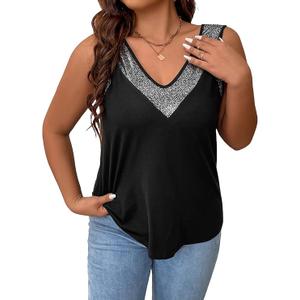 SOLY HUX Women's Plus Size Tank Tops Glitter V Neck Sleeveless Sparkly Casual Summer Tunic Tops Black Glitter 1XL