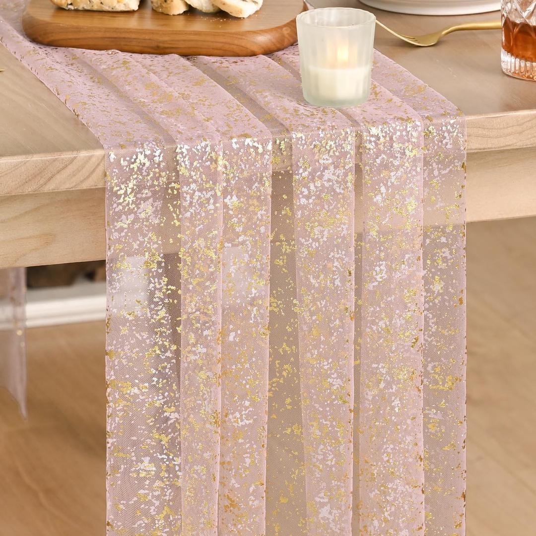 Artoid Mode Gold Gauze Pink Table Runner 120 Inch 10FT, Glitter Metallic Foil Sheer Dining Wedding Anniversary Holiday Birthday Table Decor for Home Party