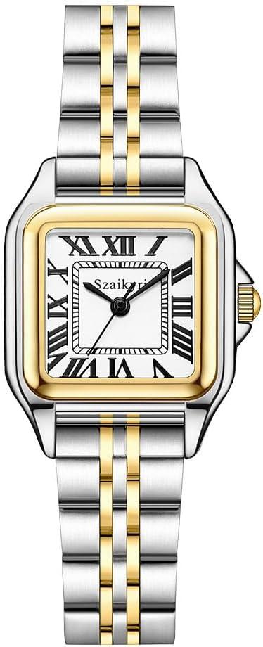 Classic Square Watches for Women with Roman Numerals Ladies Casual Dress Watch (Silver&Gold-Black)