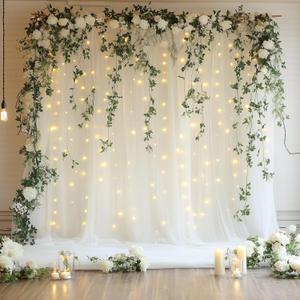 Tulle Backdrop Curtain with Lights String 10FT X 8FT Ivory Sheer Tulle Backdrop Curtains for Wedding Birthday Party Reception Photo Booth Background Decorations (Panel of 2 5x8FT)