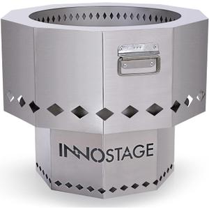 INNO STAGE Stainless Fire Pit with Portable Carrying Storage Bag, Patented Smoke- Firepit Bowl for Wood Pellet with Stand for Outdoor Campfire Flame or Bonfire BBQ on Patio Garden Backyard - M , Silver