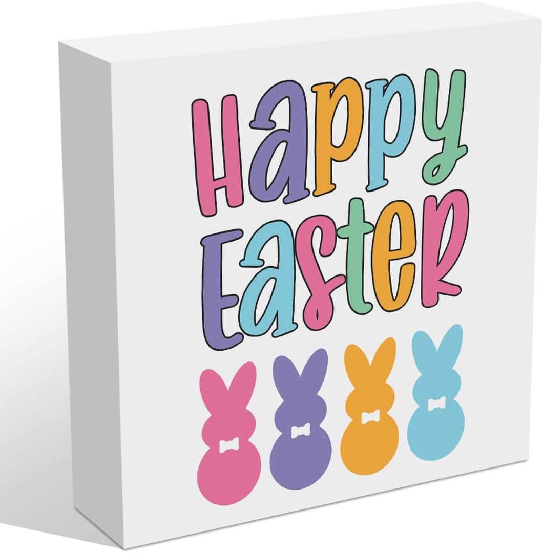 3 x Cute Bunny Easter Decorations Wooden Box Sign, Easter Decor Wooden Block Plaques Signs, Rabbit Spring Holiday Decor Living Room Kitchen Office Home Decorations Cubicle Shelf Table Desk Decor