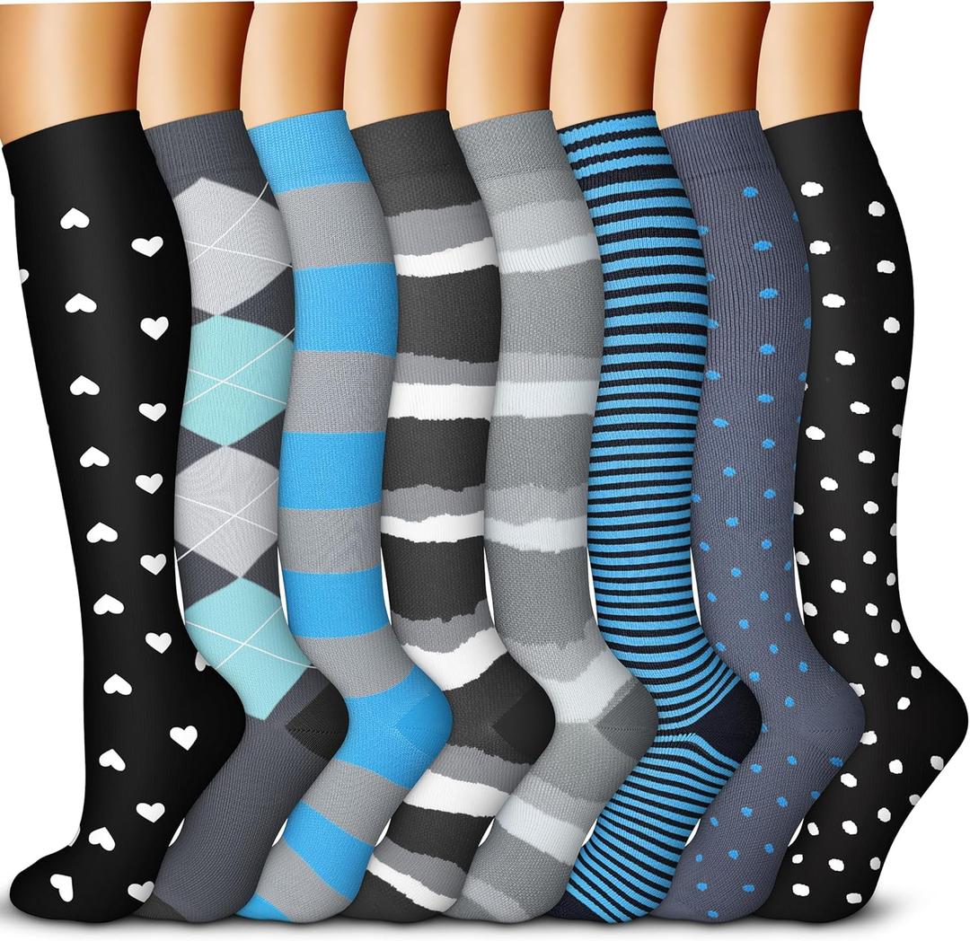 QUXIANG Copper Compression Socks for Women & Men Circulation (8 Pairs) - Best for Running Athletic Cycling - 15-20 mmHg (L/ XL, Multi 26)