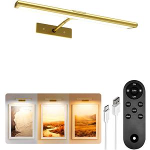 EZVALO Picture Light for Wall, 4800mAh Rechargeable Wireless Remote, 13in Dimmable Magnetic LED Art Display Light with 3 Color Temperatures, for Gallery, Living Room, Bedroom, Hallway (Gold)
