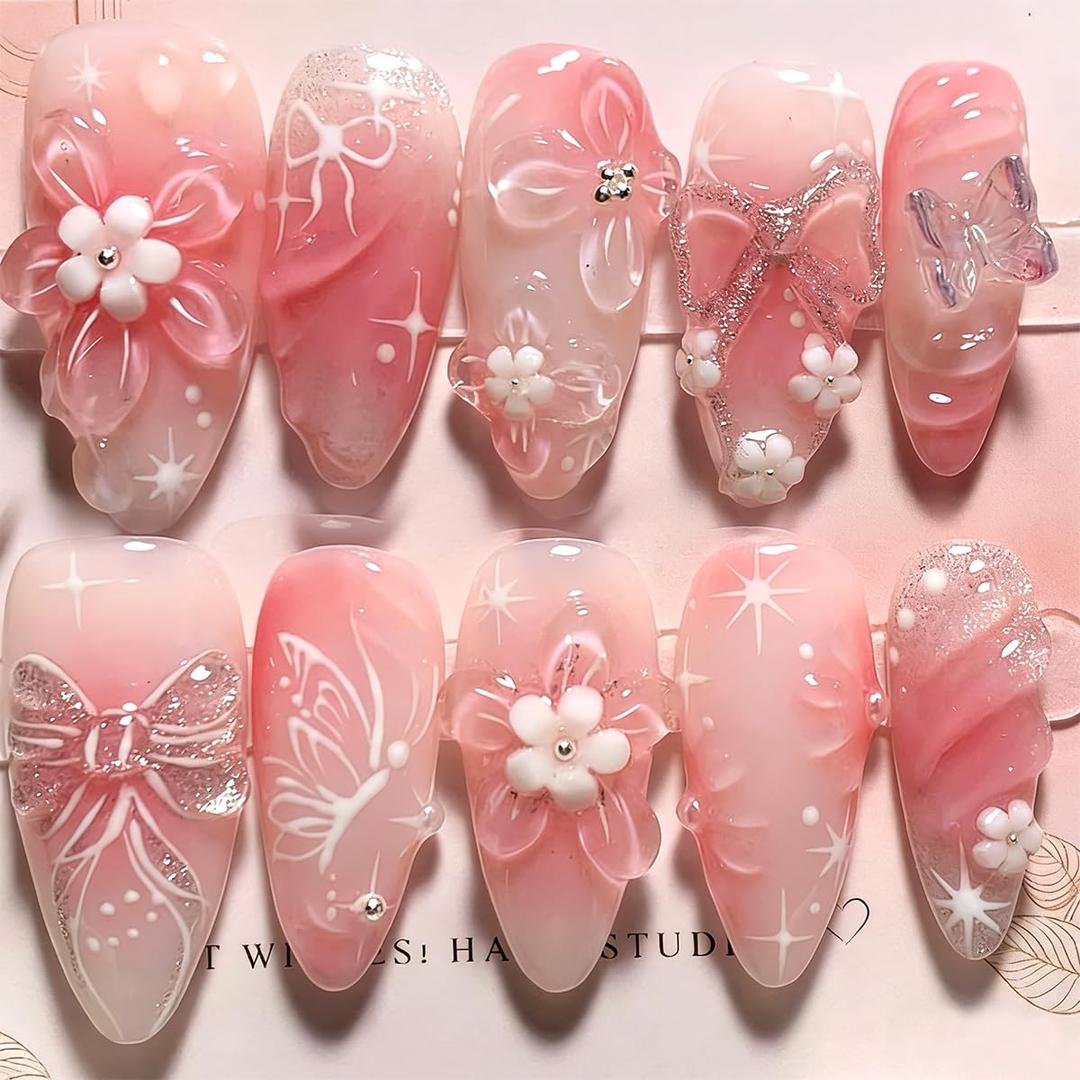 24Pcs Pink Press on Nails Medium Almond Fake Nails 3D Floral Butterfly with Rhinestones Designs Spring Summer Flower False Nails Pink Gradient Full Cover Acrylic Stick on Nails for Women DIY Manicure