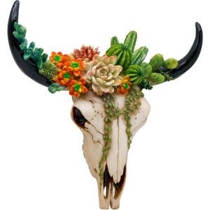 alikiki Rustic Western Home Decor - Tribal Wall Decor Western Long Horn Bull Skull Wall Decor Cow Buffalo Skull Bison Animal Head Wall Hanging Wall Arts w/Succulents for Bedroom Living Room