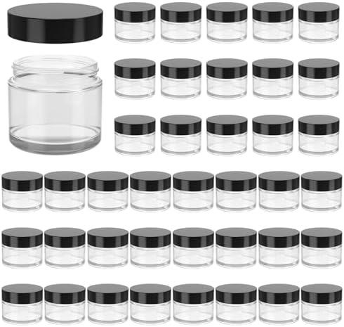 2oz Jars with Lids, HOA Kinh 40 Pack Clear Glass Jars with Lids Empty Cosmetic Containers Round Airtight Glass Jar with Black Lid for Storing Lotions Powders Ointments